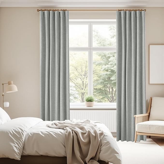 KangBang Full Blackout Linen Curtains 108 Inch Length, Noise Reducing Sun Blocking Curtains for Bedroom Dining Room, Back Tab Loop Pocket Pleated Floor to Ceiling Drapes(52Wx108L, Ash Fog Grey,2 PCs)
