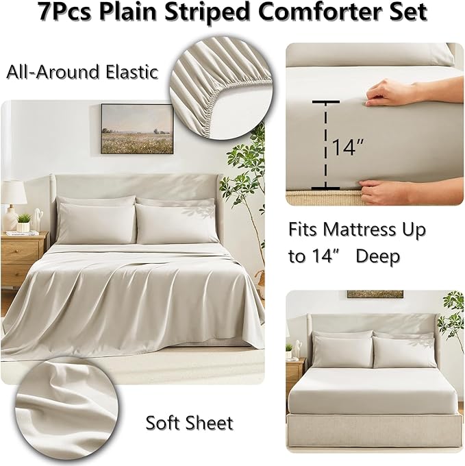CozyLux Full Size Comforter Sets Oatmeal, 7 Pieces Bed in a Bag, Oatmeal Comforter Full Size, All Season Bedding Sets with Stitch Quilted Comforter, Flat Sheet, Fitted Sheet, Pillowcases