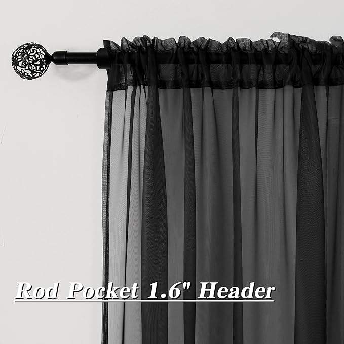 HUTO Black Sheer Curtains 96 Inches Long for Living Room Rod Pocket Voile Window Drapes for Bedroom,2 Panels