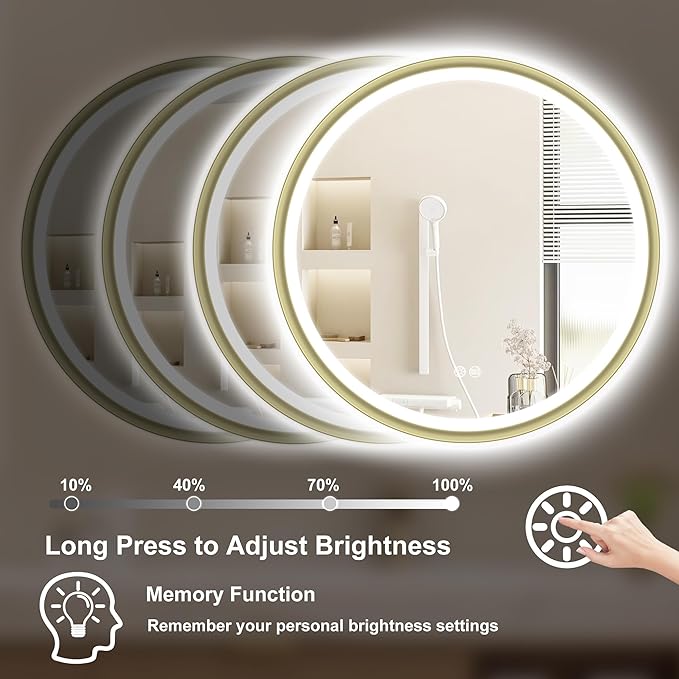 S'bagno 32" Round Gold LED Mirror for Bathroom With Frontlit & Backlit, Metal Frame, Anti-Fog, Stepless Dimmable, 3 Colors Temperature Vanity Mirror