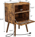 Mid Century Modern Nightstand with Charging Station, Bedside Tables with Glass Door, End Table Side Table with 2 Tiers Storage Space, for Bedroom, Living Room, Brown