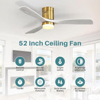 Sofucor 52 Inch Smart Ceiling Fans with Lights-Flush Mount Low Profile Modern Outdoor Solid Wood Ceiling Fans with Alexa/Google Assistant/APP/Remote Control for Bedroom/Farmhouse/Patio, Grey Gold