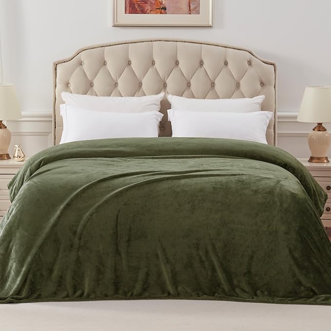Exclusivo Mezcla Fleece Blanket King Size for Bed, Super Soft and Warm, All Season Use, Cozy, Plush, Lightweight, 90x104 Inches, Olive Green