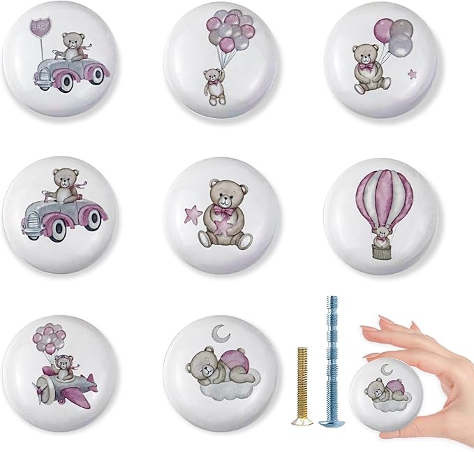 8Pack1.5 Ceramic Pink Bear Knob Cute Safari Animals Kids Nursery Furniture Cabinet Room Dresser Drawer Pulls and Knobs