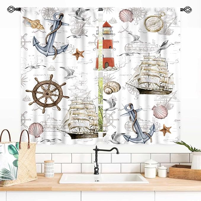 Nautical Kitchen Curtains, Vintage Marine Coastal Sailboat Compass Anchor Ocean Beach Lighthouse Watercolor Decorative Drapes for Bedroom Living Room Kitchen Bathroom Window 2 Panels Set, 55x39 Inch