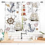 Nautical Kitchen Curtains, Vintage Marine Coastal Sailboat Compass Anchor Ocean Beach Lighthouse Watercolor Decorative Drapes for Bedroom Living Room Kitchen Bathroom Window 2 Panels Set, 55x39 Inch