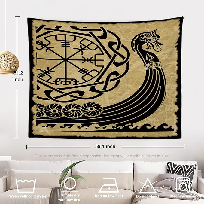 Batmerry Vikings Ancient Scandinavian Tapestry,Warship Boat Old Ancient Sea Wall Art Hanging Decoration Polyester Fiber White Ruffled Around for Dorm Room Bedroom Living Room, 51.2x59.1 inches