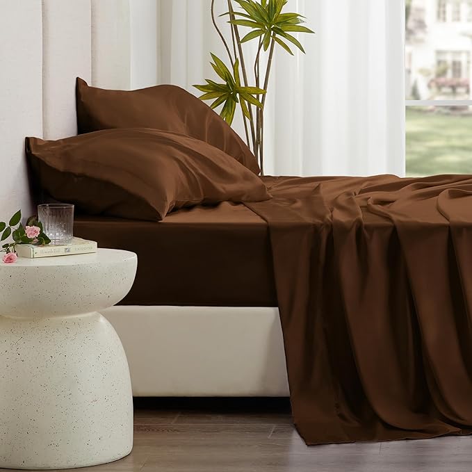 Love's cabin Twin XL Satin Sheet Sets - 3 Piece Brown Silky Bed Sheets with Deep Pockets, Luxury Silk Feel Satin Sheet Set Twin XL (1 Flat Sheet,1 Fitted Sheet,1 Pillow case)