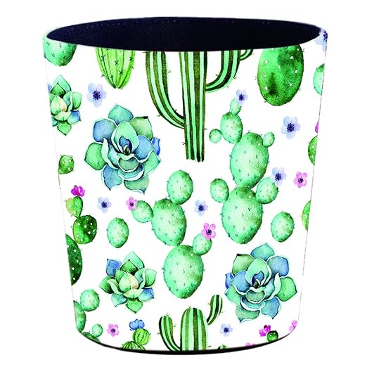 10L/2.64 Gallon PU Leather Trash Can, Decorative Waterproof Wastebasket Dustbin Garbage Bin for Home Office Bathroom - Cactus B