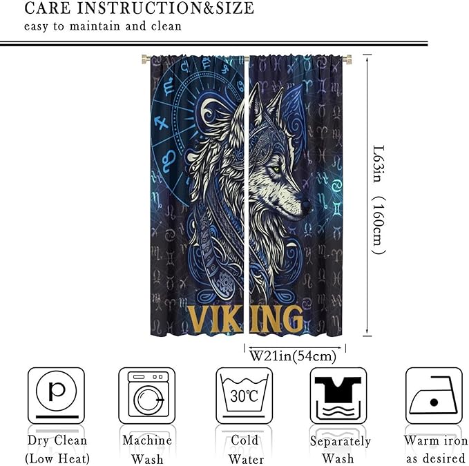 Viking Wolf Curtains Blue Rune Nordic Gothic Animal Curtains Dark Ancient Totem Mythological Pattern Printed Curtains Boys Bedroom Living Room Decoration Blackout Curtains W42 * L63 Inch