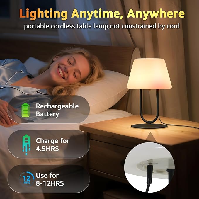 FUYO Outdoor Cordless Table lamp Rechargeable, Portable Dimmable Night Lights, Water-Resistant Shower Lamps, Touch Bedside Lamp for Patio/Bedroom/Living Room/Indoor/Restaurant(Black)