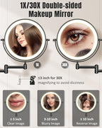 30X/1X Wall Mounted Lighted Makeup Mirror, 8'' Double Sided Rechargeable Magnifying Bathroom Mirror with Light, 3 Color Lights Touch Dimmable Extended Arm 360 Rotation Light up Mirrors