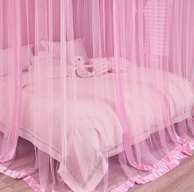 Mengersi 4 Corners Post Canopy Bed Curtains for Girls Full Size - Royal Luxurious Cozy Drape Canopy Bed Frames Netting for Kids Adults- Cute Princess Bedroom Decoration (Pink)