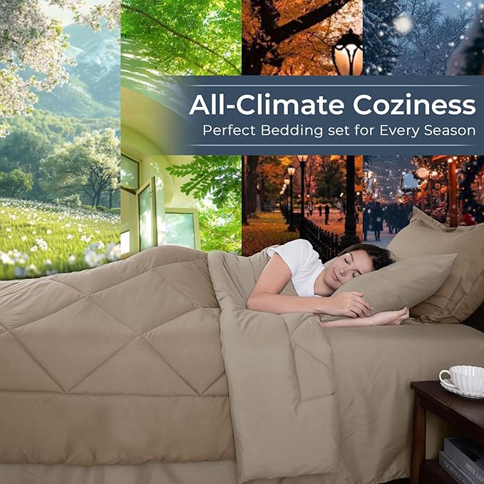 HEVUMYI Khaki & Linen California King Comforter Set - 7-Piece All Season Bed in a Bag Cal King, Ultra Soft Bedding Set with Comforter, Flat Sheet, Fitted Sheet, Pillowcases, Pillow Shams