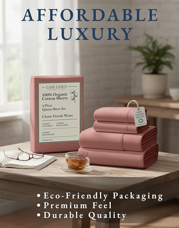 LANE LINEN 100% Organic Cotton Queen Sheets, Eco Friendly Mercerized Cotton Fully Elasticized Bedding Sheets & Pillowcase Set, Low Pill Fade Resistant Naturally Cooling Bedding Queen Size- Rose Dawn
