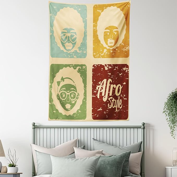 Lunarable Afro Tapestry Twin Size, Pop Art Style Disco Themed Arrangement Retro Dance Fever American Culture, Wall Hanging Bedspread Bed Cover Wall Decor, Twin Size, Yellow Blue