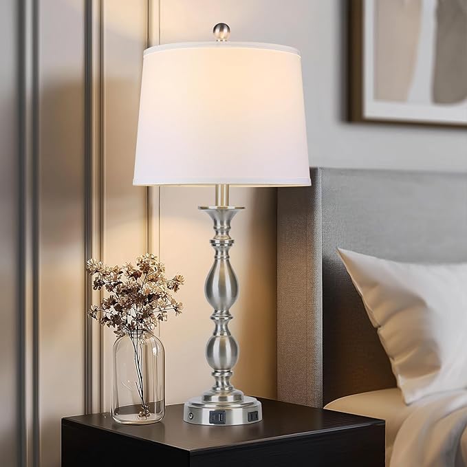 28" Tall Modern Table Lamps Set of 2 with USB A+C Ports and AC Outlet, 3 Way Touch Metal Bedside Lamps for Bedroom, Silver Farmhouse Nightstand Lamps for Living Room