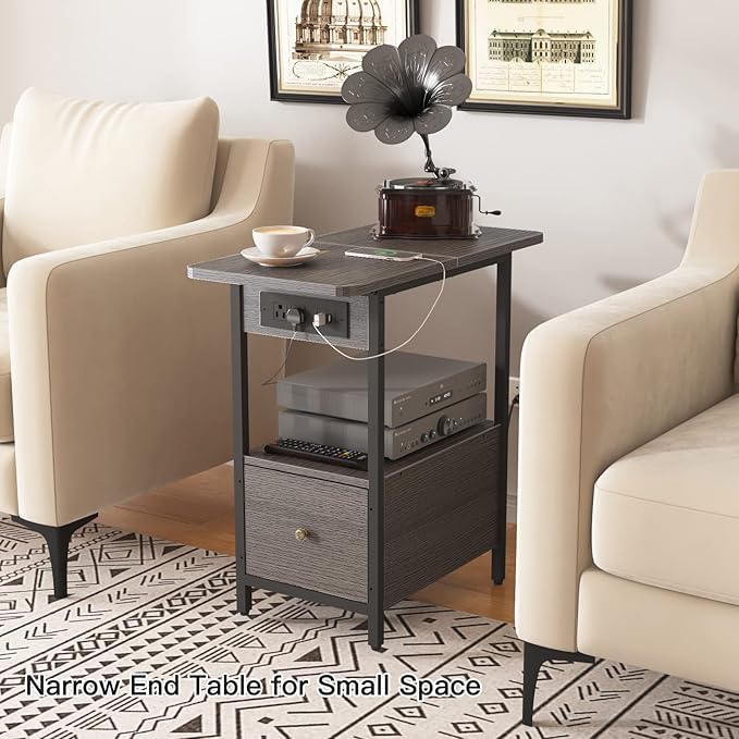 LIDYUK End Table with Charging Station, Narrow Side Table with Drawer and USB Ports & Power Outlets, Nightstand Bedside Tables for Small Spaces, Bedroom, Living Room, Dark Grey