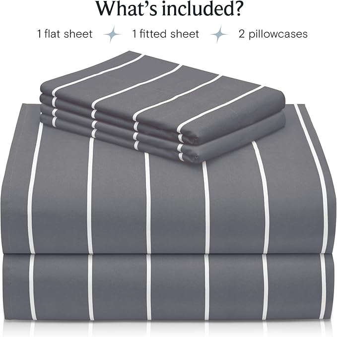 LuxClub 4 PC King Size Sheet Set Bed Sheets, Breathable Luxury Deep Pockets Wrinkle Free Cooling Sheets Machine Washable Hotel Bedding (King, Striped Light Grey)