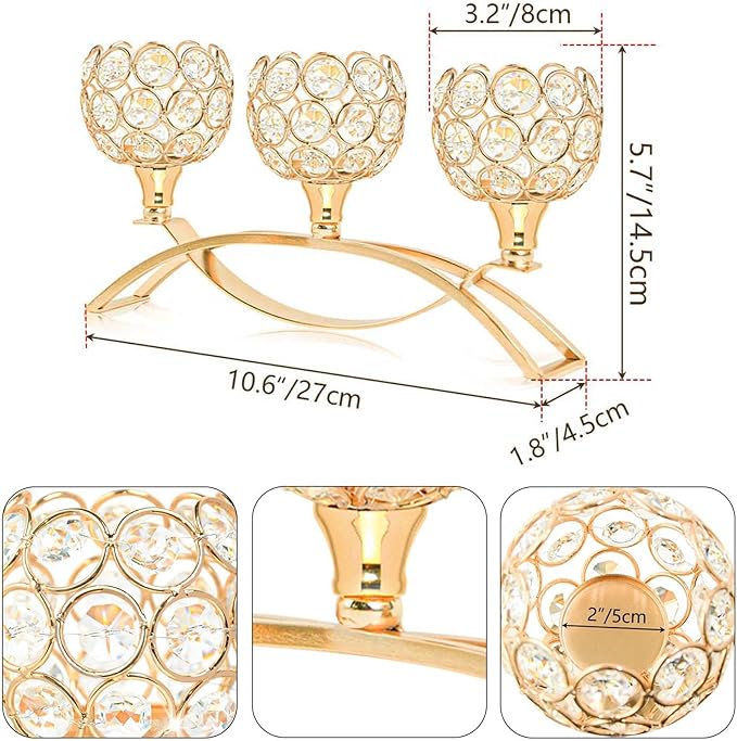 Crystal Tealight Candle Holder Centerpiece Home Decorative Candlestick Holder Elegant Table Centerpiece Home Decor Wedding Party Anniversary (Gold, 3 Arm)