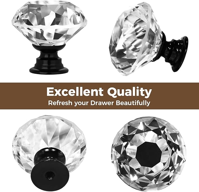 DEELF 12 Packs Kitchen Cabinet Knobs, 40 mm Crystal Cabinet Knobs, Diamond Dresser Handle Drawer Pulls, Dresser Knobs for Cabinets and Drawers, Black Base