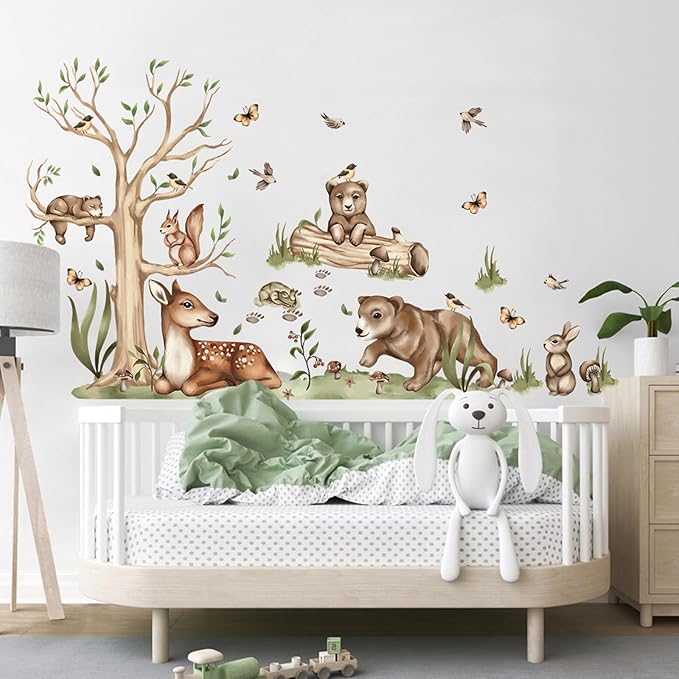 Jungle Animal Wall Stickers Forest Safari Wall Decals Kid Room Nursery Baby Bedroom Décor (Bear Spotted Deer Tree)