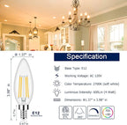 Honesorn Dimmable E12 Candelabra Led Light Bulbs, 2700k 60-Watt Equivalent Type B Chandelier Light Bulb for Ceiling Fan, Soft White C35 B11 Candle led for Candelabra Base 6 Pack
