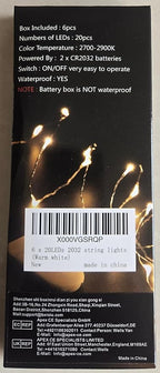 Fairy Lights CR2032 Battery Operated,6.6Ft/2Meter 20 LEDs Micro Silver Wire String Lights for Bedroom Christmas Party Wedding Decoration (Warm White, 6 Pack)