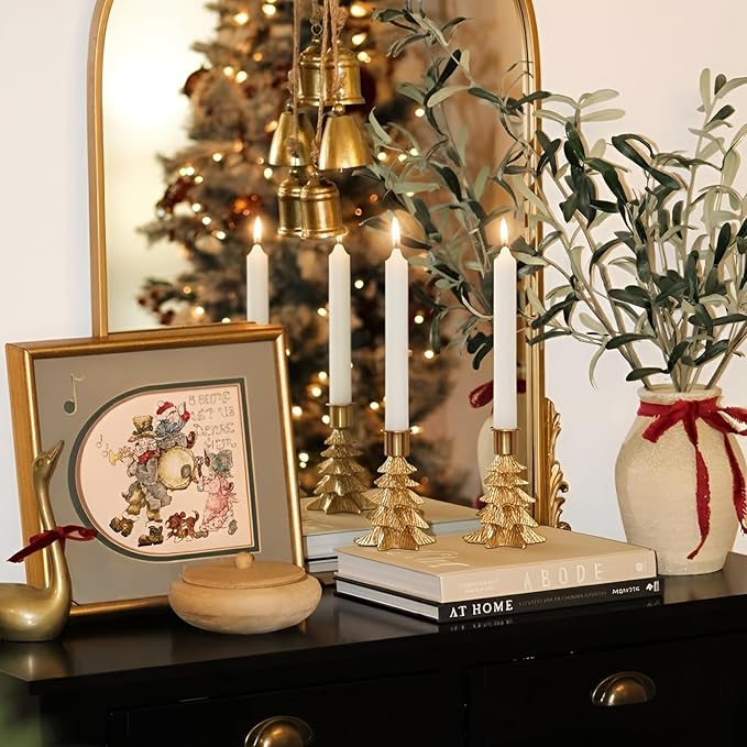 WDS WONDROUS Christmas Tree Candle Holders Set of 4 – Taper Candle Holders for Christmas Decorations, Gold Resin Candlestick Holders with Table Top, Metal, Dining Table Centerpieces & Holiday Decor