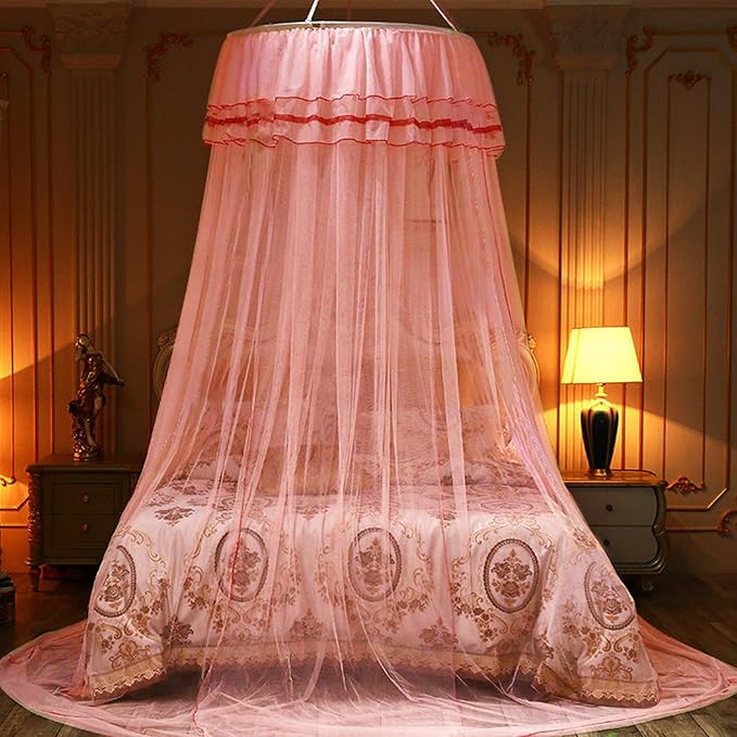 Jolitac Bed Canopy Lace Mosquito Net for Girls Beds, Unique Princess Play Tent Mesh Canopies Large Lace Dome Curtain Drapes Home & Travel (Pink)