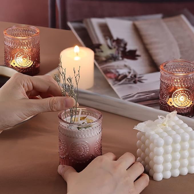 12pcs Purple Votive Candle Holder, Glass Tea Lights Candle Holders for Wedding Table Centerpieces, Birthday Parties and Home Decor