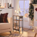 HOOBRO Small Narrow Side Table with Charging Station, Skinny End Table for Small Spaces, Slim Nightstand with USB Ports Outlet, Sofa Beside Table with Storage Shelf, Rustic Brown and Black BF102UBZ01