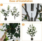 2 Pack 43.3"/3.6FT Artificial Camellia Tree Fake Outdoor Tree with 32 Blooming Flowers White Tree for Home Front Door Winter Christmas Indoor Decor (Including Dried Moss)