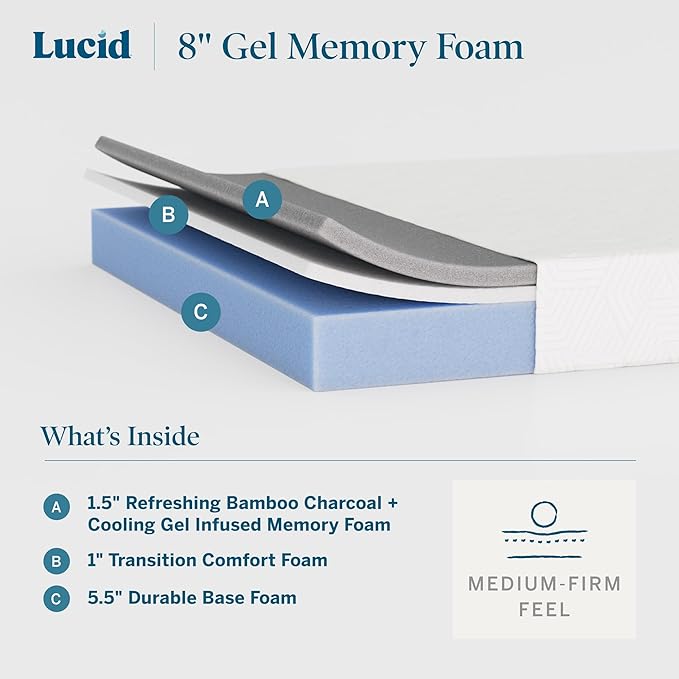 Lucid 8 Inch Memory Foam Mattress - Medium Firm Feel - Infused with Refreshing Bamboo Charcoal and Cooling Gel - Bed in a Box - Temperature Regulating - Pressure Relief - Breathable - Queen Size