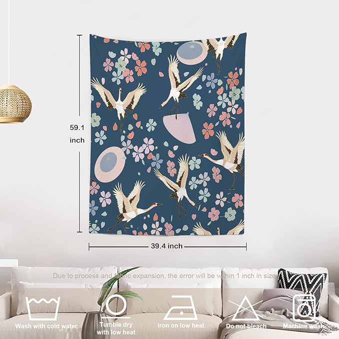 Batmerry Navy Blue Japanese Cherry Tapestry,Oriental Wall Art Hanging Decoration Polyester Fiber White Ruffled Around for Dorm Room Bedroom Living Room, 59.1x39.4 inches