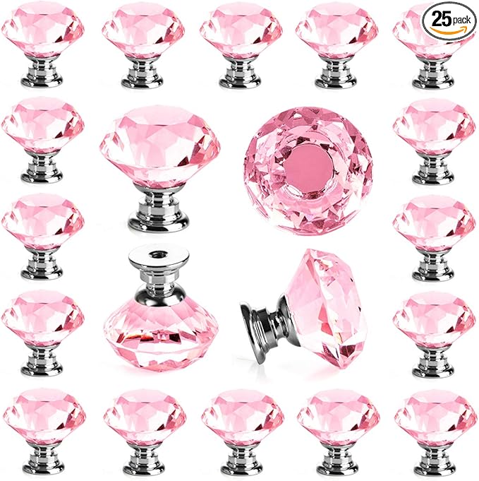 DEELF 25 Packs Kitchen Cabinet Knobs, 30 mm Crystal Cabinet Knobs, Diamond Dresser Handle Drawer Pulls, Dresser Knobs for Cabinets and Drawers, Pink