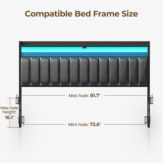 Rolanstar Headboard for King Size Bed with Storage, 60,000 DIY Color of LED Light, Head Board with USB & Type C Port, Height Adjustable, Black Upholstered Cabeceras de Cama Comfortable Modern, Leather