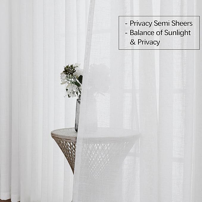 White Sheer Curtains 102 Inch Long, Cotton Linen Textured Light Filtering Drapes, Privacy Living Room Window Decor, Semi-Transparent Floor to Ceiling Pinch Pleat Curtain with Hooks