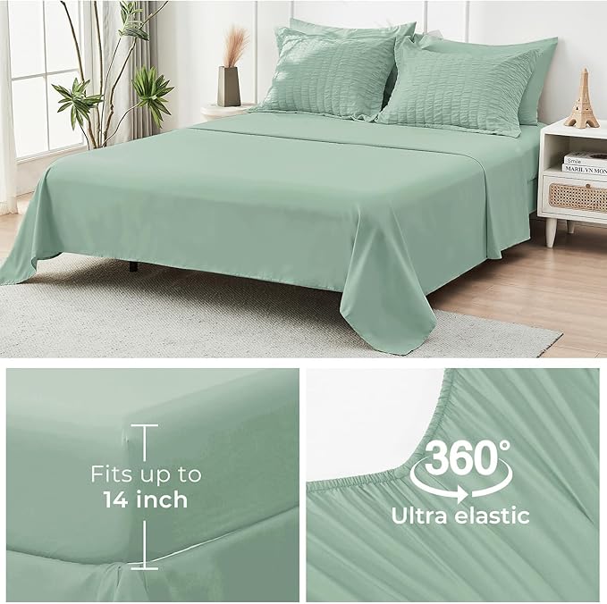 HYMOKEGE Sage Green Full Size Comforter Sets Seersucker 7 Pieces, All Season Luxury Bed in a Bag for Bedroom, Bedding Set with Comforters, Sheets, Pillowcases & Shams