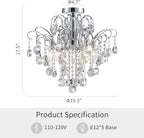 WUZUPS Crystal Chandelier Flushmount Ceiling Light Modern Lighting Fixture for Bedroom Hallway Bar Kitchen Bathroom, H 17.5'' x W 19.3'', E12 Base, Chrome