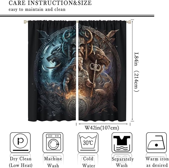 Cool Norse Viking Theme Curtains,Fantasy Ancient Symbols Wildlife Wolf Nordic Vikings Window Curtains Thermal Insulated Rod Pocket Blackout Drapes for Bedroom 2 Panels 84L x 42W