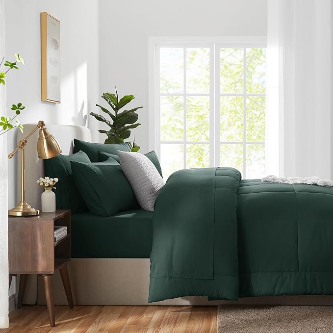 CozyLux King Size Comforter Set Forest Green, 7 Pieces Bed in a Bag, Green Comforter King Size, All Season Bedding Sets with Stitch Quilted Comforter, Flat Sheet, Fitted Sheet, Pillowcases