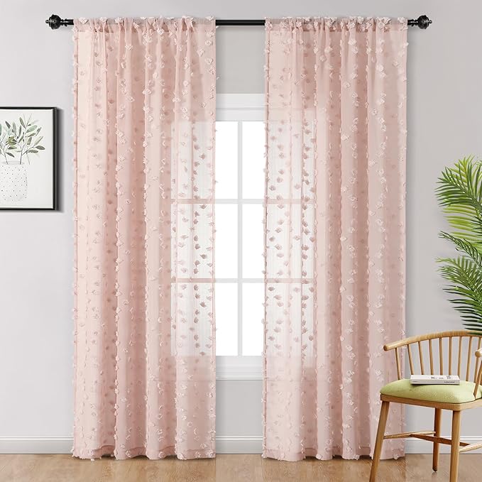 MYSKY HOME Pom Pom Pink Sheer Curtains for Bedroom Girls Room Dusty Rose Curtains 72 Inches Long for Nursery Kids Light Filtering Boho Window Drapes, Rod Pocket, 52" Wide, 2 Panels