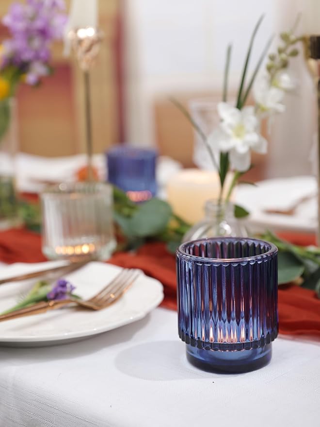 DEVI 8 Pcs Blue Votive Candle Holder for Wedding Centerpieces, Glass Ribbed Tea Light Holder for Wedding Table Decorations, Navy Blue Decor for Party Home Farmhouse Decorations