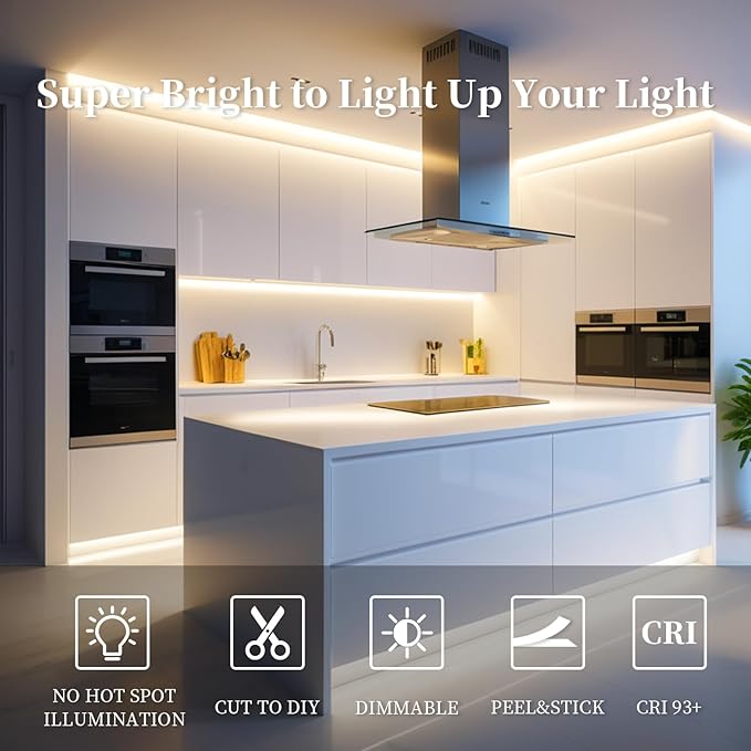 iNextStation COB LED Strip Light Warm White 3000K 32.8ft/10M DC24V CRI 93+ Flexible LED Tape Lights 8mm for Bedroom, Kitchen, TV Backlight, Cabinet, Stage, Home DIY Lighting Decor (No Plug)