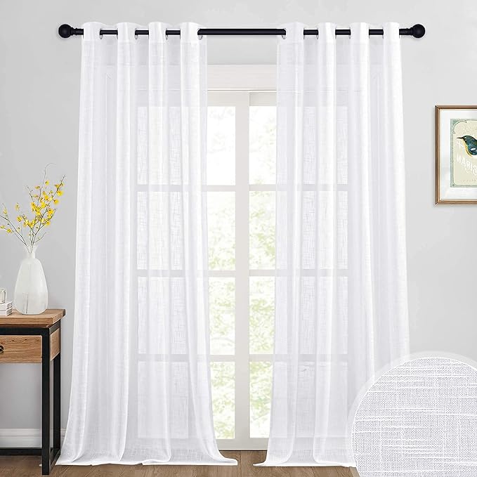 RYB HOME White Curtains Sheer - Linen Textured Privacy Curtains for Bedroom Privacy Windows Decor, Natural Light Flirt Panels for Patio Sliding Door Living Room, W 52 x L 95, 1 Pair
