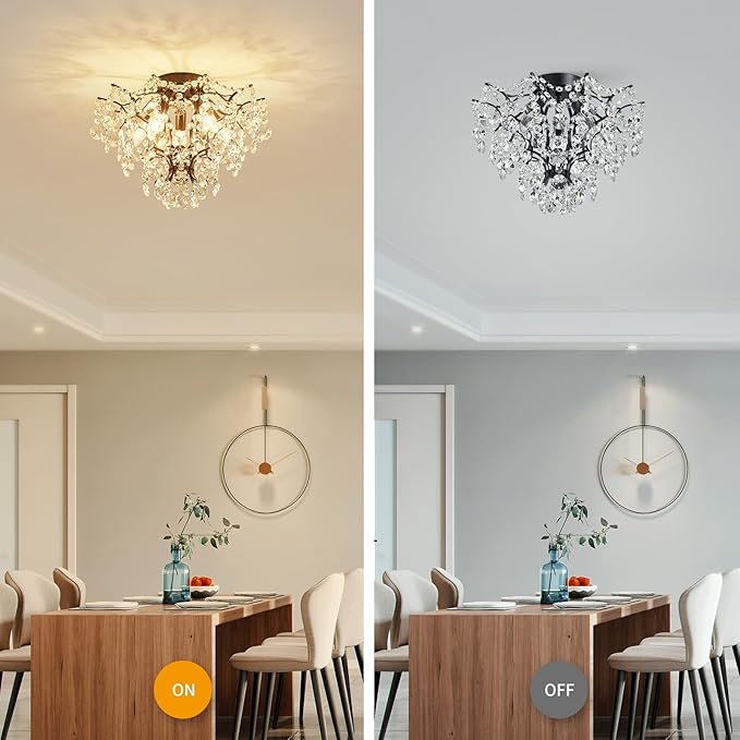 WUZUPS 5-Light Crystal Chandelier Flushmount Ceiling Light Modern Lighting Fixture for Bedroom Hallway Bar Kitchen Bathroom, H 12" W 15.4", E12 Base, Black