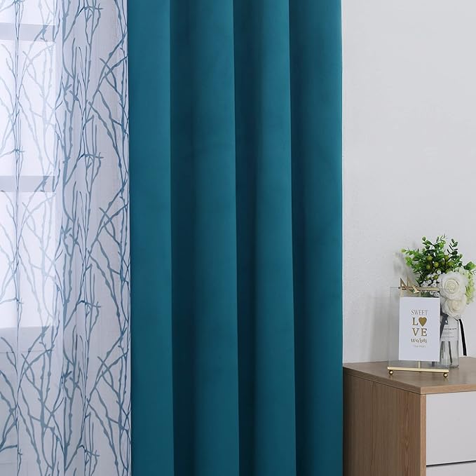 BONZER Mix and Match Curtains - 2 Pieces Branch Print Sheer Curtains and 2 Pieces Blackout Curtains for Bedroom Living Room Grommet Window Drapes, 54x84 Inch/Panel, Teal, Set of 4 Panels