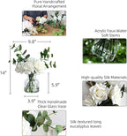 14" Artificial Flowers with White Roses in Vase, Fake Flowers in Artificial Water Vase, Silk Flower Arrangements with Artificial Flowers for Home Dining Table Decor.