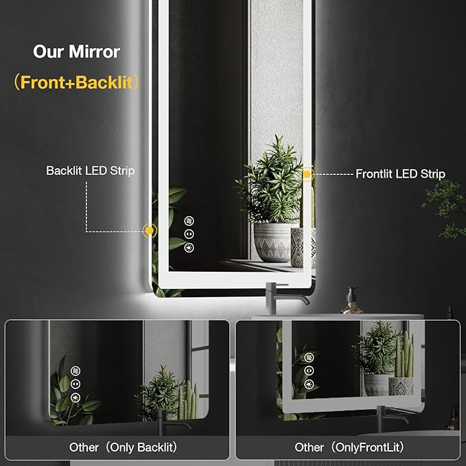 24x36 LED Bathroom Mirror with Lights, Rounded Rectangle Mirror with Double Lights, Backlit + Front Lit, Anti-Fog LED Mirror for Bathroom, Dimmable Lighted Bathroom Mirror(Horizontal/Vertical)